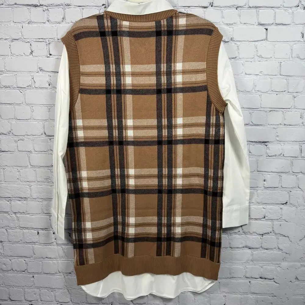 Tahari NWT Two-in-One Long Sleeve Plaid Sweater Vest Shift Dress Women Size M - Picture 3 of 7